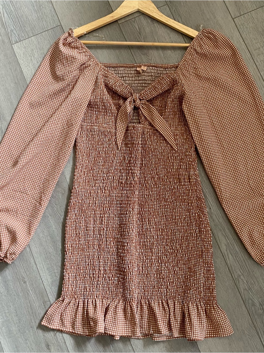 Brown Smocked Mini Dress Long Puff Sleeve Boutique Size Medium